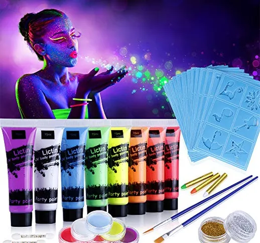 Lictin Vernice Fluorescente Colorato,Neon Kit per Pelle Viso Corpo,Fluo Party UV Body Pain...