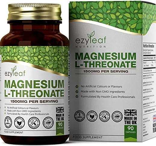 Ezyleaf Magnesio Treonato 1500 mg | 90 Capsule Vegane | Magnesium Puro Senza Riempitivi |...