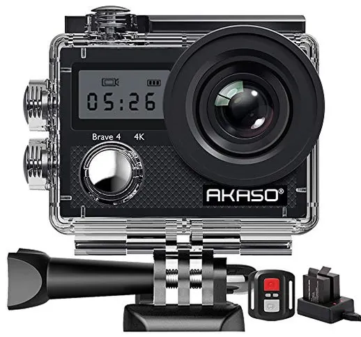 AKASO Action Cam 4K WiFi Angolo Variabile Doppio Schermo 5 Volte Zoom Telecomando Caricaba...