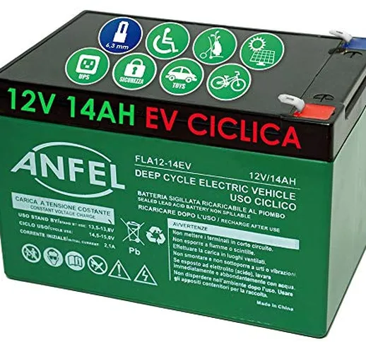 Batteria 12 Volt 14 ah Ricaricabile per Uso CICLICO 6DZM per Bici Elettriche monopattini s...