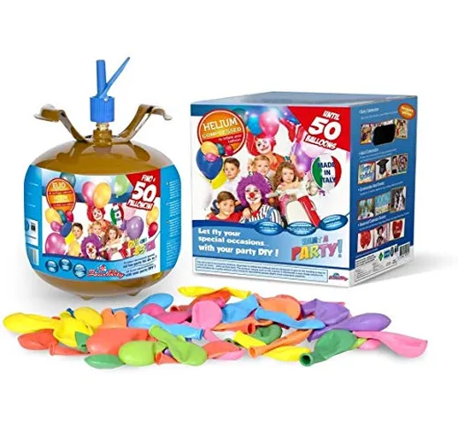 Zeus Party Bombola Gas Elio USA e Getta con 50 Palloncini Multicolor Kit gonfiaggio per Fe...