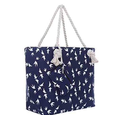 Borsa da spiaggia grande con chiusura zip 58 x 38 x 18 cm Shopper gabbiano blu bianco yach...