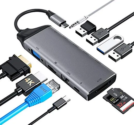 Hub USB C, adattatore 11 in 1 USB C con 4 USB 3.0/2.0, 4K HDMI, 1080P VGA, Ethernet RJ45 G...