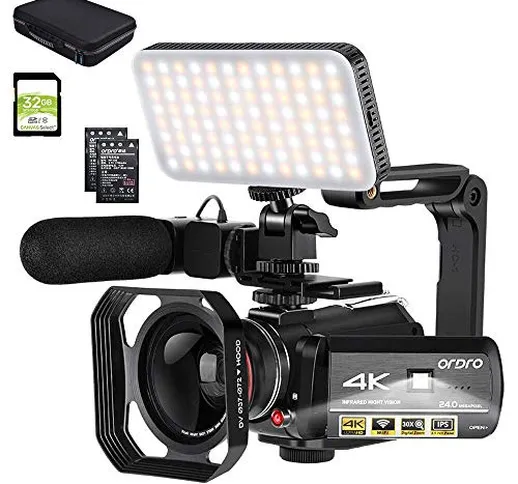 ORDRO Videocamera per Visione Notturna 4K IR Videoregistratore WiFi 1080P 60FPS con Luce V...