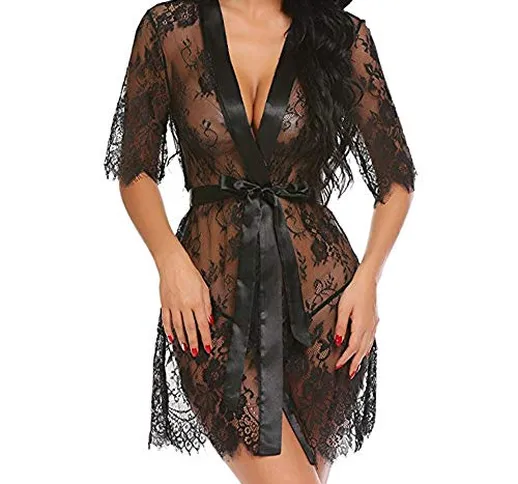 Trasparente Pizzo Vestito Babydoll Notte e Négligé,Abito Corto Manica da Donna con Perizom...