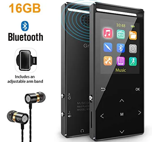 Lettore MP3 da 32 GB con Bluetooth, contapassi FM e fascia da braccio sportiva inclusa, id...