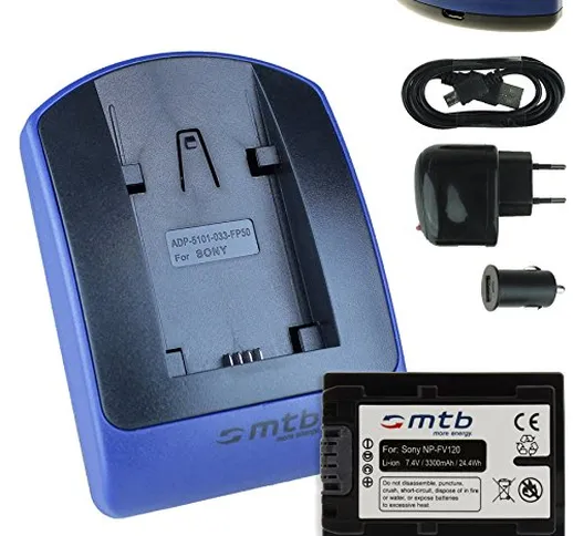 Batteria NP-FV120 (3300mAh) + Caricabatteria (USB/Auto/Corrente) per Sony NP-FV100(A) / DE...