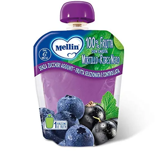 Mellin, Pouch Merenda 100% Mirtillo e Ribes Nero con Carota - 6 Confezioni da 90 gr