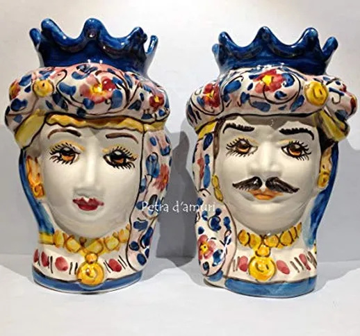 Petra d'amuri Coppia Teste di Moro Siciliane Hande Made in Ceramica di Caltagirone H 14 cm