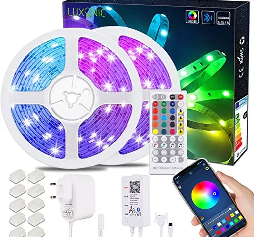 Kit Striscia LED RGB 31M 101,68ft, LUXONIC Strisce LED Bluetooth con controllo APP, Teleco...