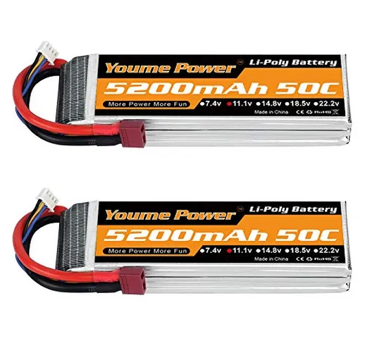 Youme Power 2 Pack 11.1v Lipo Batteria 5200mAh, 3S Lipo Batteria 50C con Deans T Plug per...