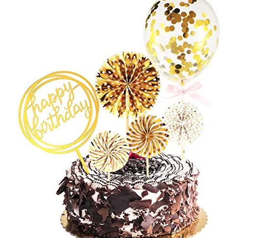 Maitys Set Happy Birthday Topper per Torte Ventagli di Carta Coriandoli Palloncino Cupcake...