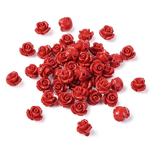 Beadthoven 50 perline di cinabro rosa rossa 10 mm con dettagli intagliati perline distanzi...