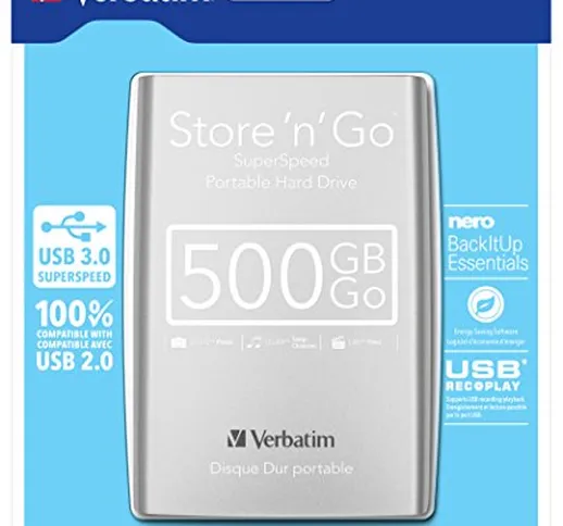 Verbatim Store 'N' Go - Hard Disk Esterno Portatile, USB 3.0, Argento, 500 GB