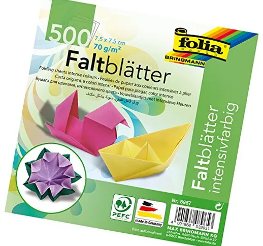 Folia Fogli per Origami, 70 g/mq, 500 Fogli Assortiti in 10 Colori