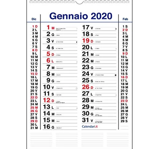 Calendario 2020 da muro mod. OLANDESE - 3 mesi per pagina. Calendario con santi e lune