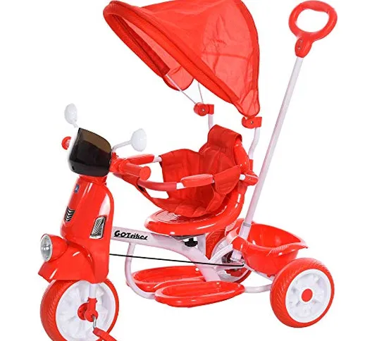 homcom Triciclo Passeggino a Forma di Moto per Bambini 3-8 Anni (25kg) con Tettuccio e Man...