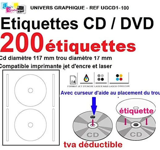 100 fogli 2 CD/DVD etichette Adesivi etichette adesive diametro 117 mm Fogli stampanti las...