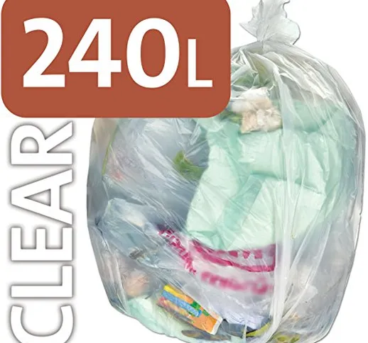 Alina, sacchetti per la spazzatura da 240 l in polietilene trasparente resistente, per bid...