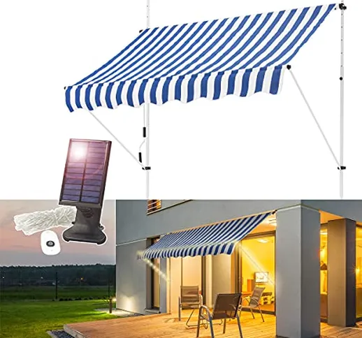 ML-Design Tenda da Sole per Balcone 150 x 120cm Bianco-Blu con Catena Illuminata LED 7m Re...