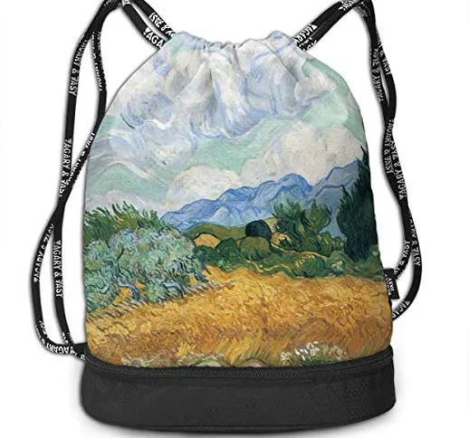 OPLKJ Borsa per zaino con coulisse stampata con grano giallo e cipressi, borsa da viaggio...