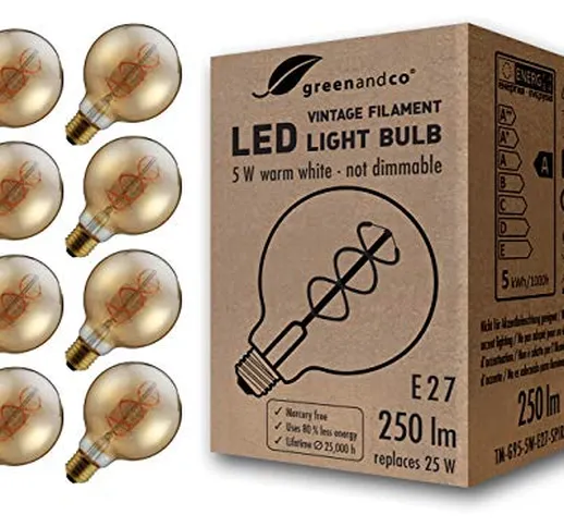 8x Lampadina a filamento LED greenandco® Vintage E27 G95 5W (equivalente a 35W) 400lm 2000...
