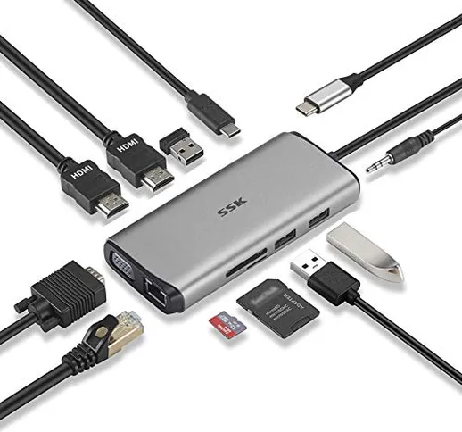 SSK Hub USB-C 11 in 1, dock station per laptop con triplo display, adattatore multiporta d...
