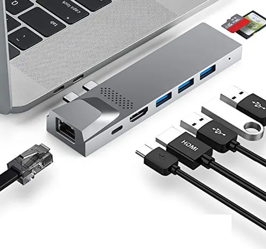 XYC EC HUB USB C, Adattatore USB C con HDMI 4K, Thunderbolt 3, 3 USB 3.0, Gigabit Ethernet...