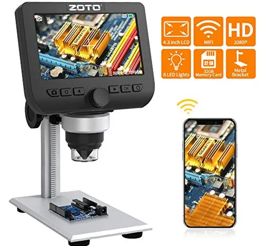 Microscopio Digitale WiFi, ZOTO LCD da 4,3 pollici, 1080P Endoscopio Ingrandimento 1000X,8...
