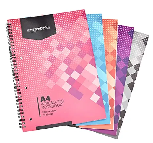 Amazon Basics - Quaderno con rilegatura a spirale, colori assortiti, 70 fogli/140 pagine,...