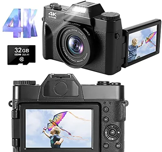 Fotocamera Digitale 4K 48MP 30FPS Fotocamera Compatta Full HD Zoom Digitale 16X con Scherm...