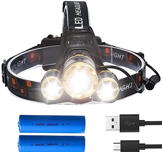 Lampada da Testa LED Ricaricabile, Super Luminosa 5000 Lumen 3-LED Zoomable Torcia Frontal...