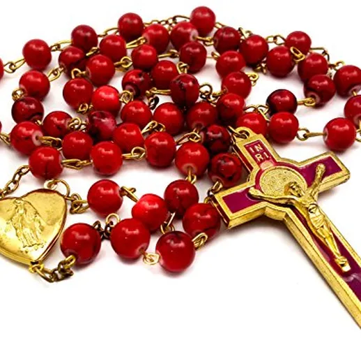 Nazareth Store Collana con rosario di perle di corallo rosso Cattolico San Benedetto Coron...