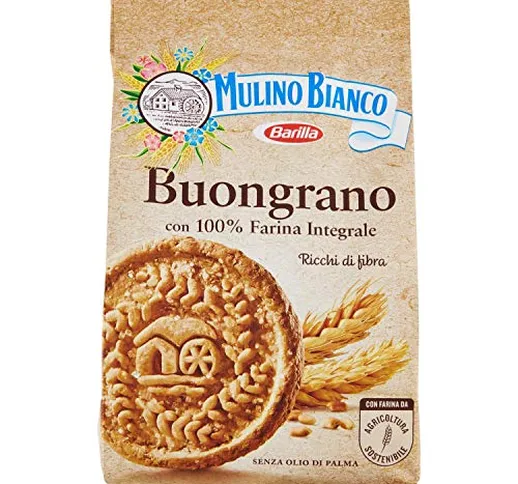 Mulino Bianco Biscotti Buongrano con 100% Farina Integrale, Colazione Ricca di Fibre e Gus...