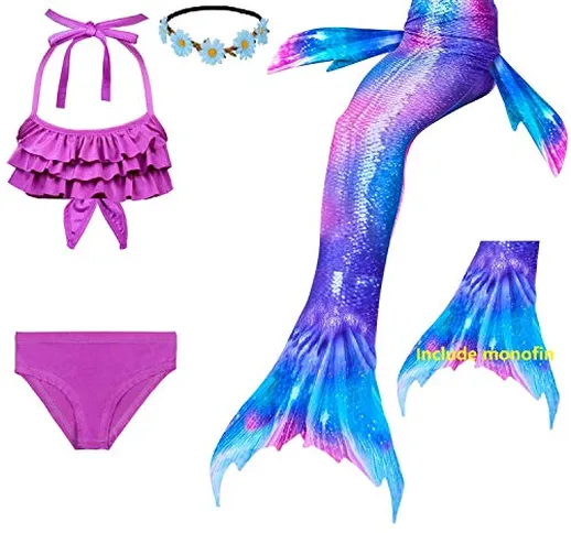 Fishkidtail Ragazze Coda da Sirena per Nuotare Bambina Costume da Bagno Incluso 5PCS Bikin...