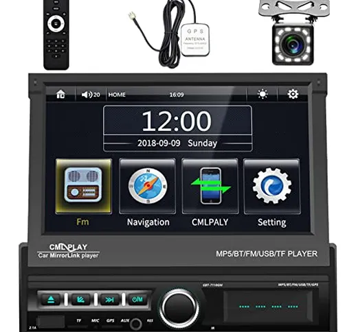 Autoradio 1 Din Touch Screen HD 7 Pollici, Navigatore GPS Stereo per Auto, Bluetooth Auto...