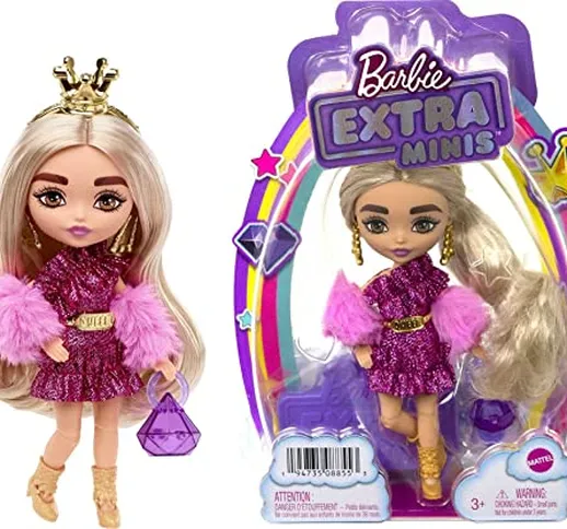 Barbie Extra Minis Bambola n. 8, di 14 cm con abito luccicante e scialle di pelo, piedista...