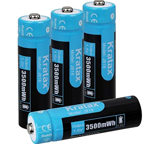 Kratax 3500 mWh 1,5 V AA batteria [4 confezioni], ricarica rapida 1200 cicli di ricarica e...