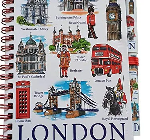 Quaderno e penna con icone di Londra, formato A6, design abbinato, blocco note rilegato a...