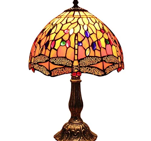 Bieye L30023 Libellula Lampada da tavolo in vetro colorato stile Tiffany con 12 pollici di...