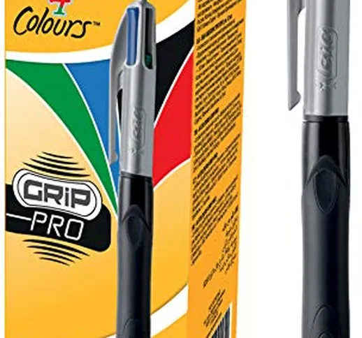 Bic 4 Colours Grip Pro Penna a Scatto, Punta Media da 1,0 mm, 4 Colori di Inchiostro, Conf...