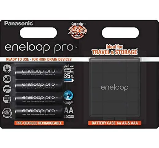 Panasonic Eneloop Pro 4 pz. batterie ricaricabili Ni-MH 2500mAh size stilo AA + porta batt...