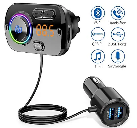 Trasmettitore FM Bluetooth 5.0 per Auto con Due Porta USB (QC 3.0 e 2.4A), Kit Bluetooth p...