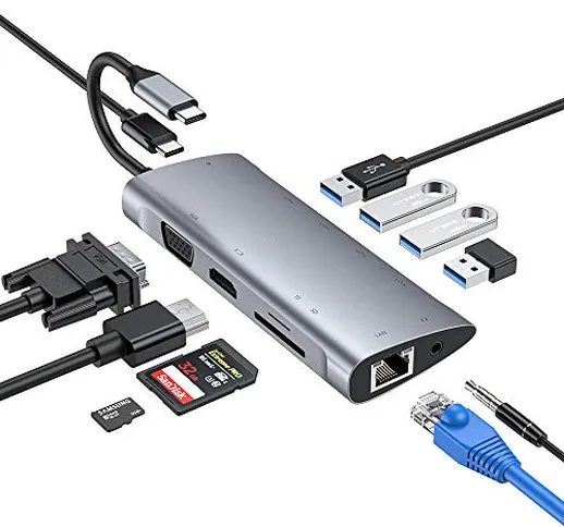 USB C HUB, 11-in-1 Tipo C Adattatore con Ethernet, lettore di schede SD / TF, 3 USB3.0, VG...