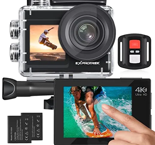 Exprotrek Action Cam, 20MP Action cam 4K con touch screen,angolo di visione regolabile e c...