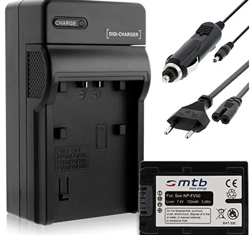 Batteria + Caricabatteria (Auto/Corrente) per Sony NP-FV50 / DEV-, DCR-, HDR-, NEX-.vedi l...