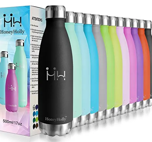 HoneyHolly Bottiglia di Acqua 500ml, in Acciaio Inox Isolamento Sottovuoto a Doppia Parete...