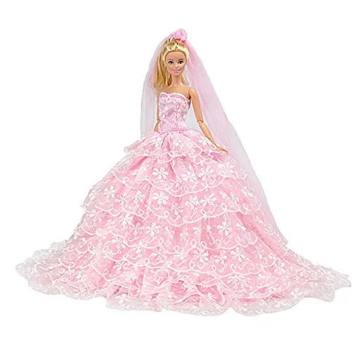 E-TING Principessa Bambola Vestito Barbie Vestiti Cenerentola Sera Party + Velo Impostato...