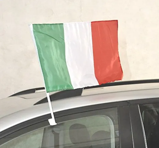 G.V. 2 Bandierine Italia con Supporto Asta per Auto cm 30x45 Nazionale Italiana Tessuto Re...
