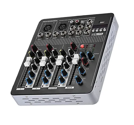 Sasuori 4 canali Mic Linea Audio Mixer Mixing Console con 3 bande Interfaccia EQ 48V Phant...